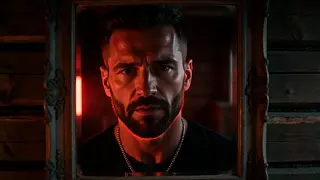 A man framed by a cabin window in red light