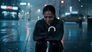 A woman standing in a rain-soaked city scene