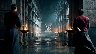 A cinematic temple hall with guards
